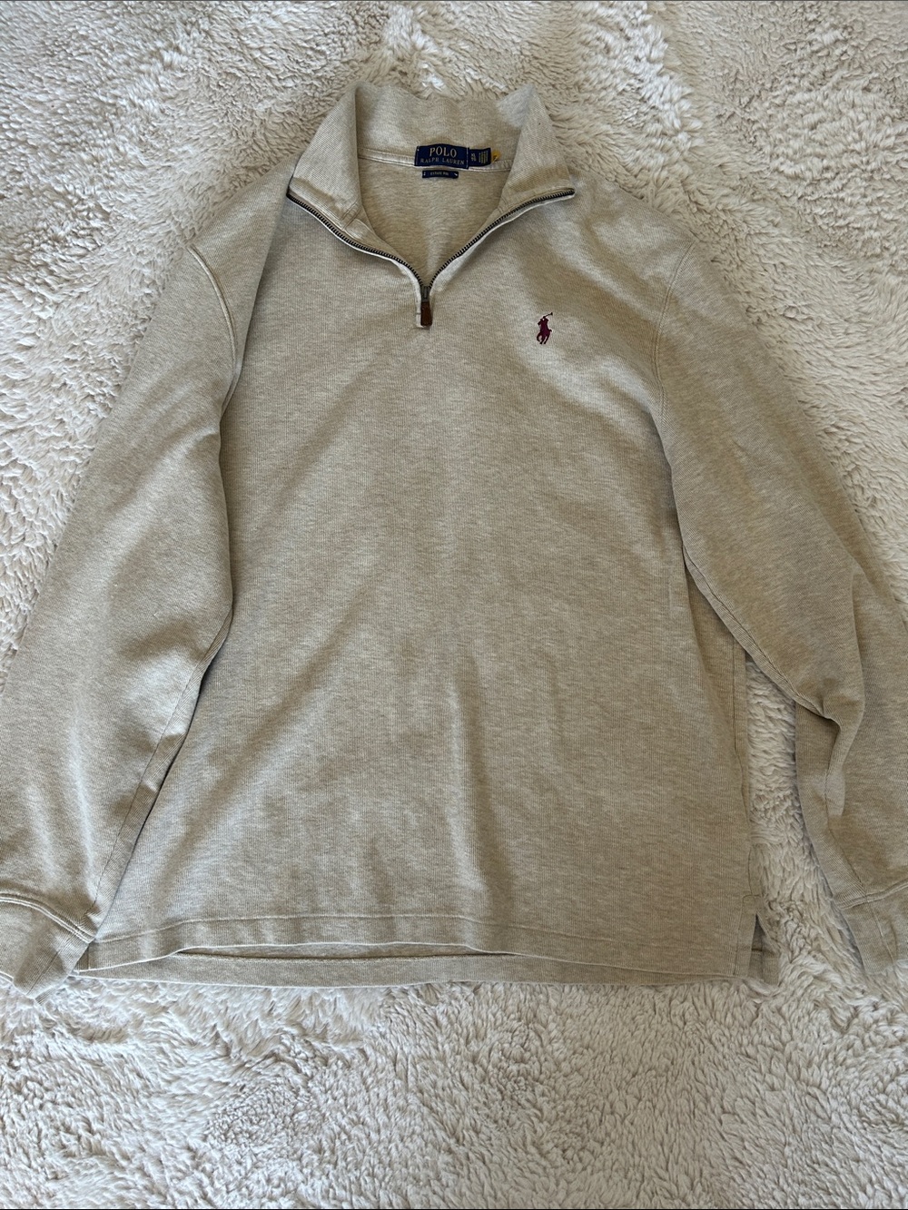 Polo by Ralph Lauren Men's Quarter-Zip Sweater - Beige with Burgundy Logo